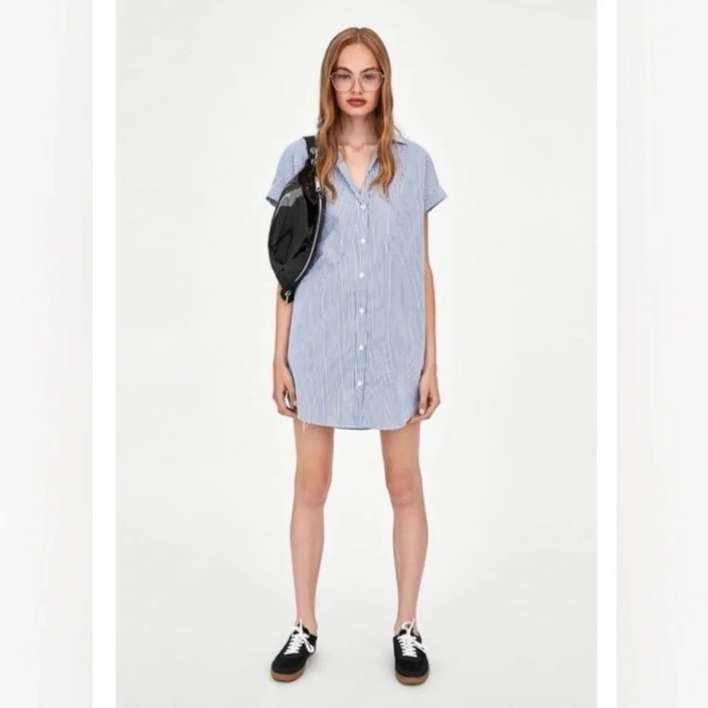 NWT Zara Blue & White Striped Cotton Shirt Dress, Cap Sleeves – Size XL